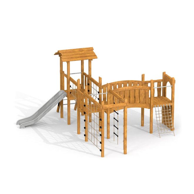 Công viên leo trèo bằng gỗ Romping Cottage Uvala với cầu trượt và các lưới leo an toàn.