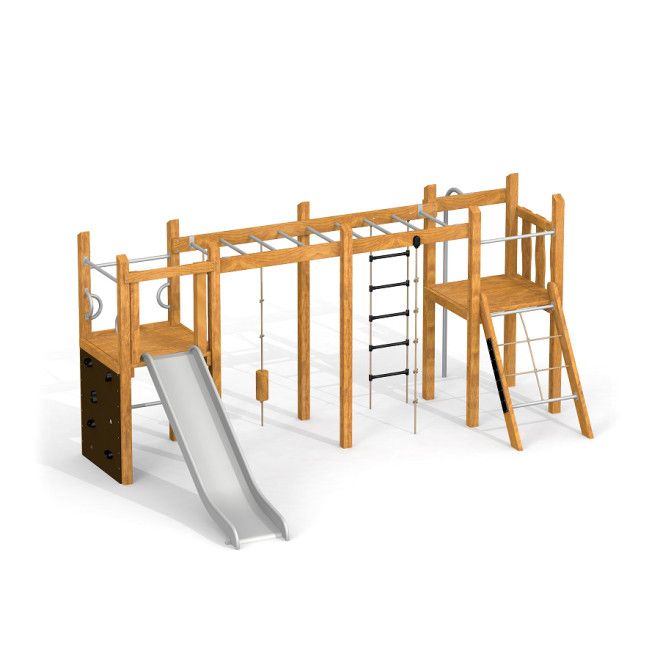 Zebra single slide Uvala, khu vui chơi trẻ em bằng gỗ với cầu trượt và các thanh leo đa dạng.