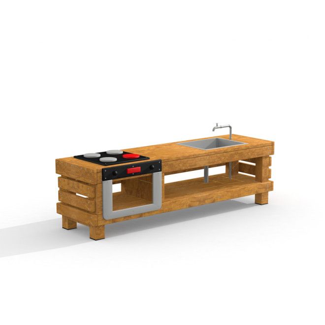 Kitchen Table Uvala bằng gỗ với bếp và bồn rửa cho khu vui chơi trẻ em.