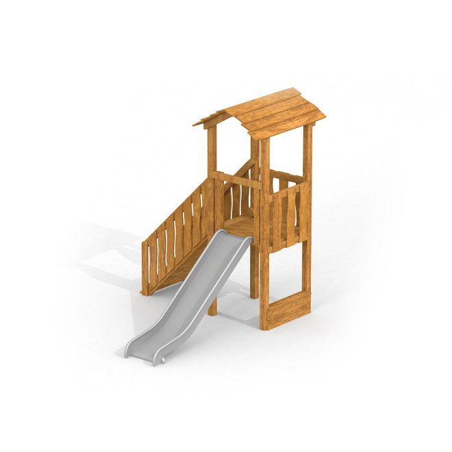 Logo playhouse with slide Uvala bằng gỗ với cầu trượt kim loại cho khu vui chơi trẻ em.