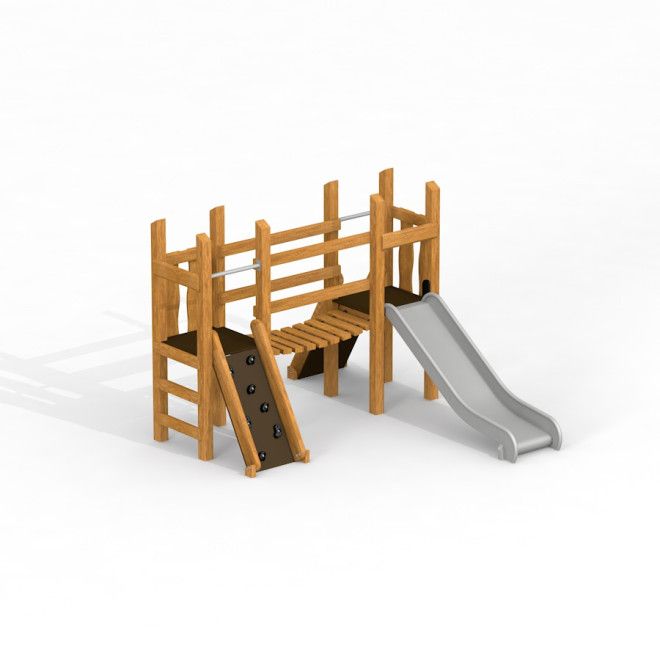 Cấu trúc vui chơi Mini Play Uvala bằng gỗ với cầu trượt và tường leo núi.