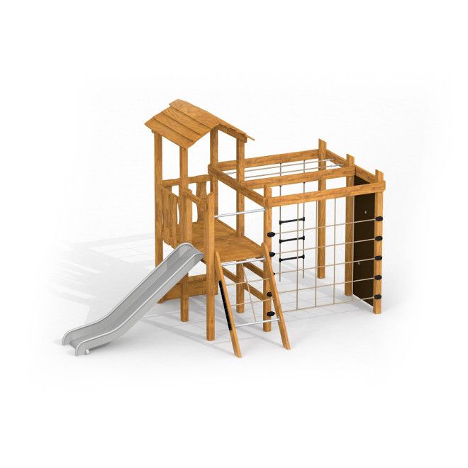 Climbing Kiosk wooden playhouse with slide Uvala bằng gỗ với cầu trượt và lưới leo trèo cho trẻ em.