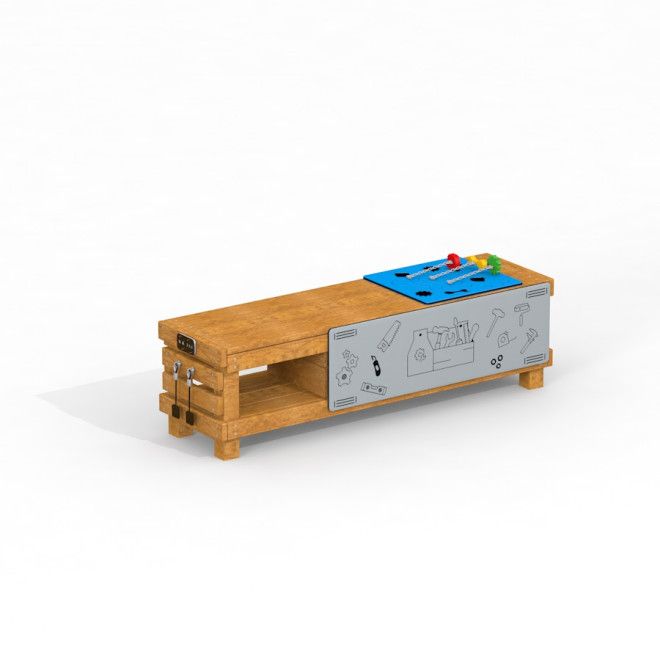 Bàn làm việc Workshop Modern Nature bằng gỗ với bảng công cụ và đồ chơi màu sắc cho trẻ em.