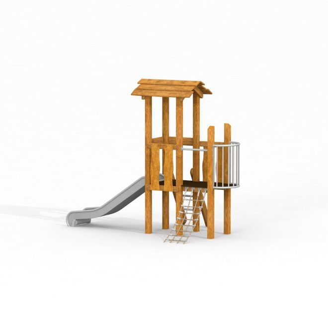 Pixie wooden playhouse with slide Uvala bằng gỗ tự nhiên với cầu trượt và lưới leo an toàn.
