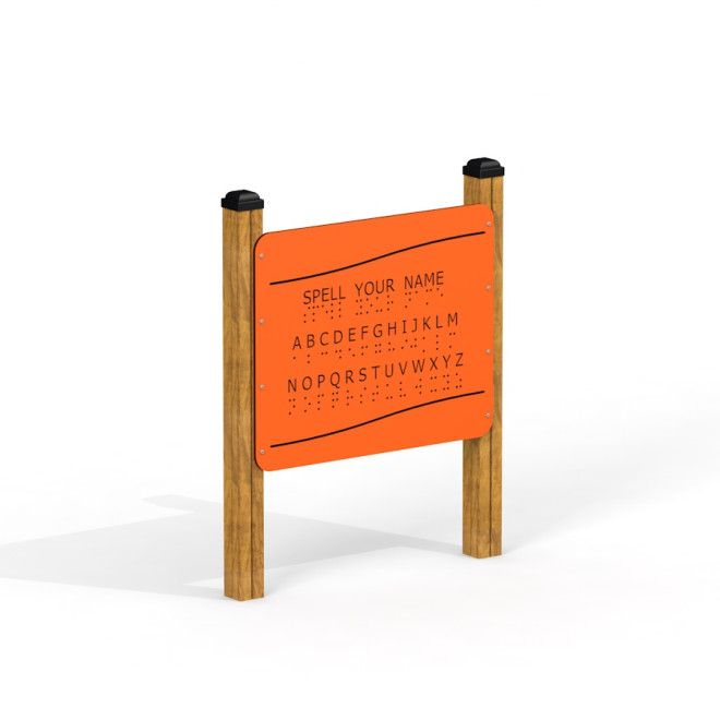 Board with braile alphabet bảng chữ cái nổi cho trẻ em trên sân chơi, bảng màu cam gắn trên khung gỗ