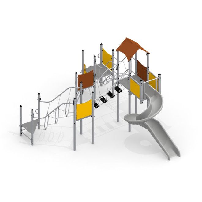 Base with a slide thiết kế khung kim loại với cầu trượt cong và các tấm chắn màu vàng và nâu.