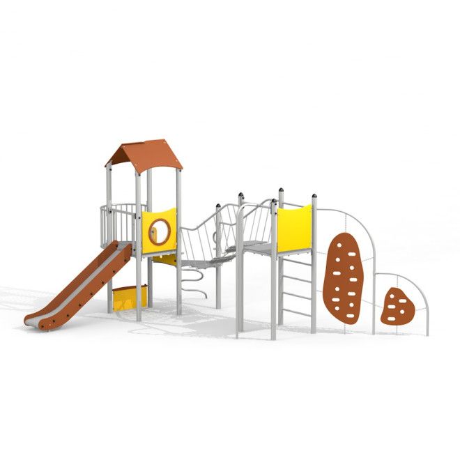 Young explorer with a climbing wall, khu vui chơi trẻ em với cầu trượt và tường leo núi màu nâu vàng