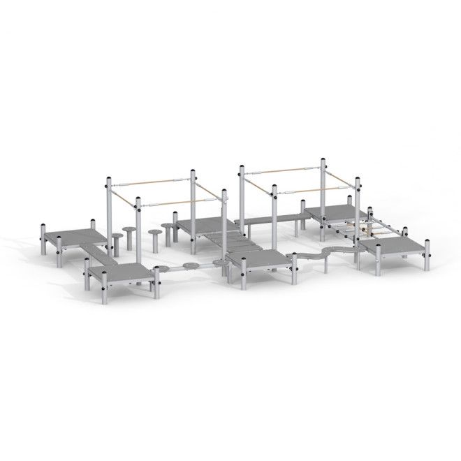 Cấu trúc tập thăng bằng Balance course II với các thanh ngang và bệ đứng cho trẻ em vận động.