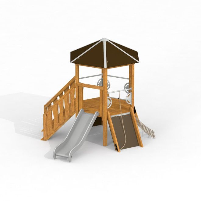 Six Angle w/ stairs & slide wooden playhouse Uvala với cầu trượt, cầu thang và các vòng leo bằng gỗ.