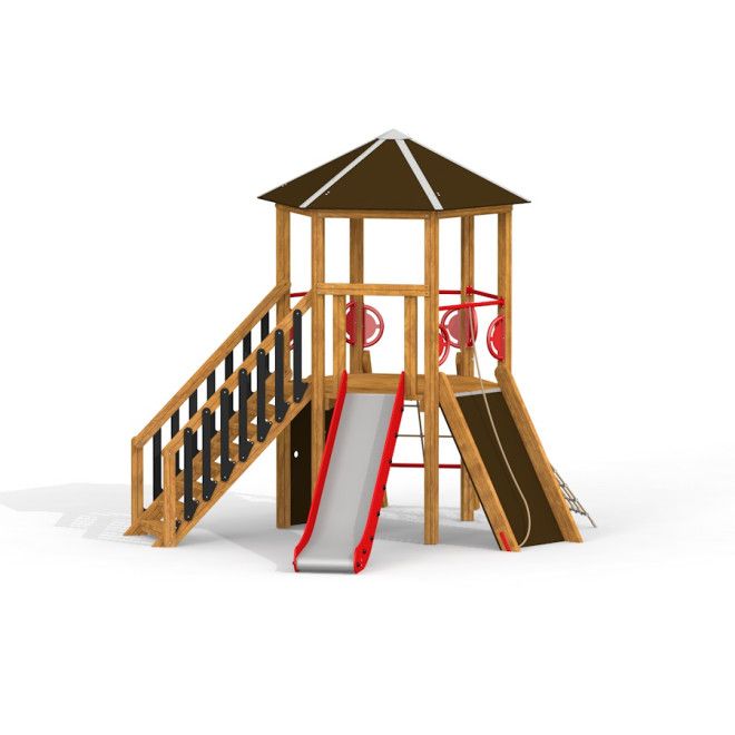 Six Angle w/ Stairs & Slide (H120) là khu vui chơi trẻ em bằng gỗ với cầu trượt và cầu thang an toàn