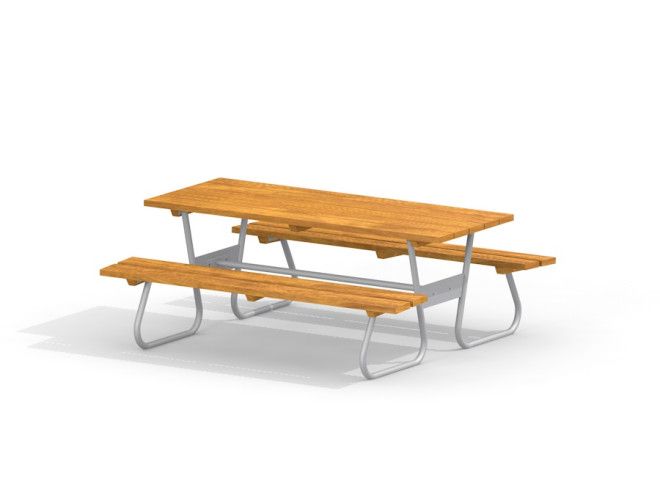 Wood-metal table with benches bằng gỗ và kim loại, thiết kế đơn giản cho khu vui chơi ngoài trời.