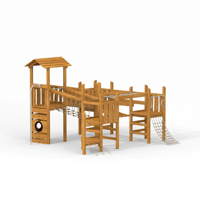 Challenger single slide Uvala II, khu vui chơi trẻ em bằng gỗ với cầu thang và lưới leo trèo.