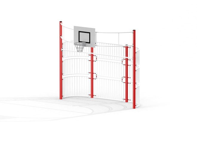 Cấu trúc chơi bóng rổ Tiger với khung thép màu đỏ và bảng rổ trắng.