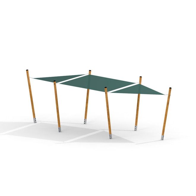 Cấu trúc Sun Shades với cột gỗ và mái che màu xanh cho khu vui chơi ngoài trời.