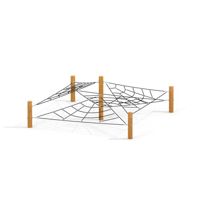 Thiết bị leo trèo Gossamer với cấu trúc dây thừng và cột gỗ cho khu vui chơi trẻ em.