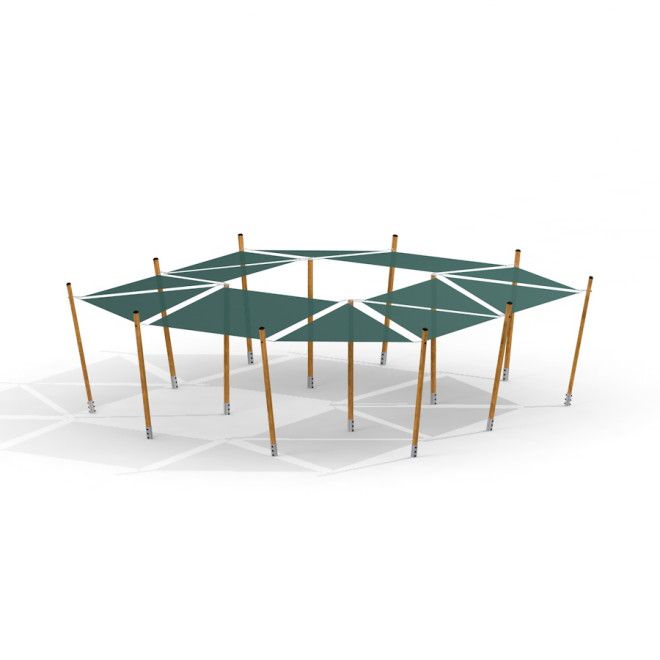 Cấu trúc Sun Shades với các tấm che nắng màu xanh được gắn trên cọc gỗ.