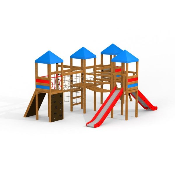 Sphinx castle with slide là khu vui chơi ngoài trời bằng gỗ với cầu trượt đỏ và mái xanh.