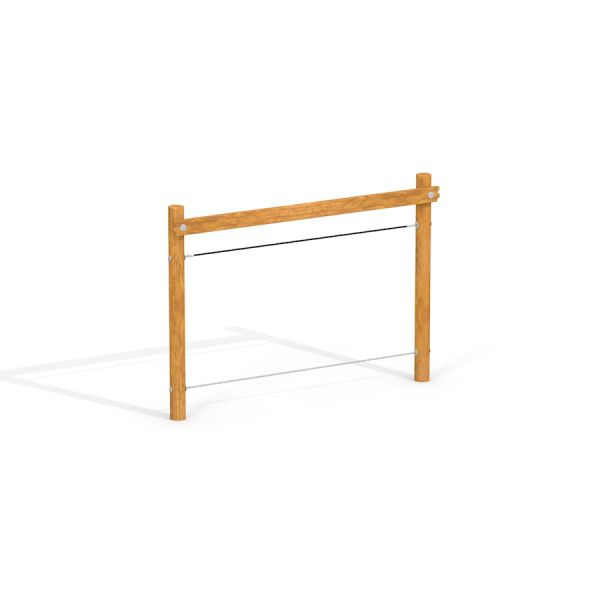 Thiết bị chơi ngoài trời Bamboo với khung gỗ và dây tập thăng bằng.