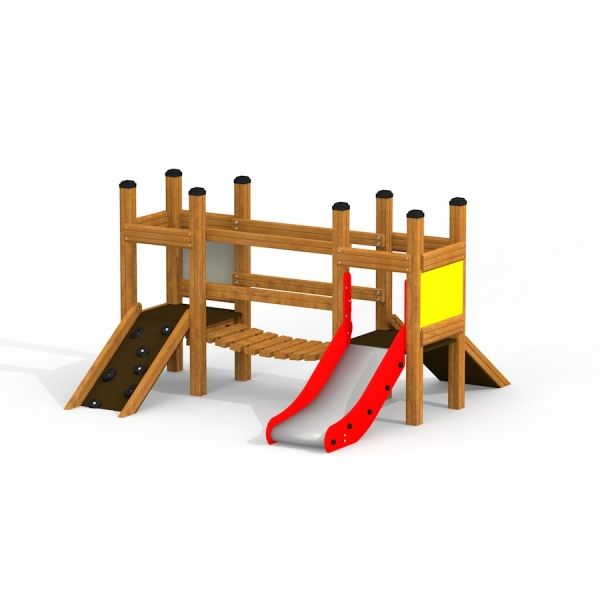 Cấu trúc gỗ Mini play với cầu trượt đỏ và cầu thang leo núi cho khu vui chơi trẻ em.