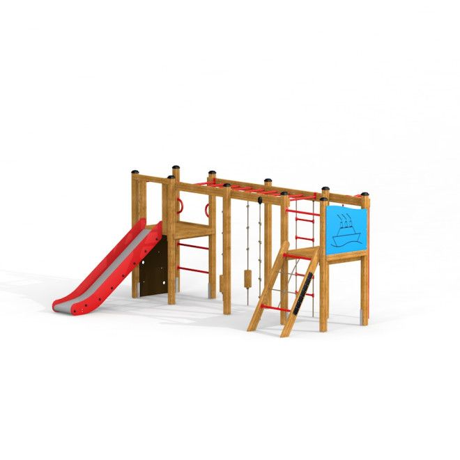 Zebra single slide - khu vui chơi trẻ em bằng gỗ với cầu trượt đỏ và các thanh leo.