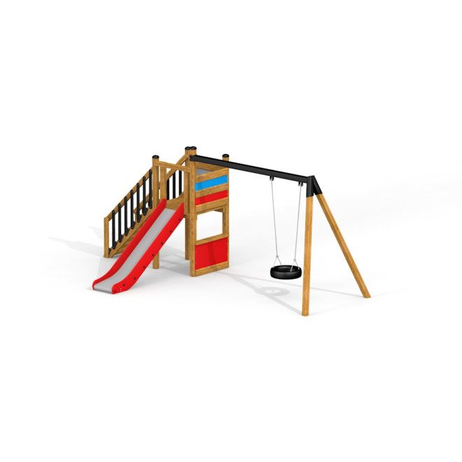 Single Swing with Tower single slide thiết bị sân chơi trẻ em gồm cầu trượt đỏ và xích đu đơn bằng l