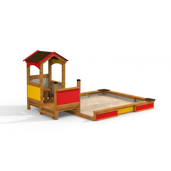 Villa Maxi sandbox with a playhouse bằng gỗ màu đỏ và vàng cho khu vui chơi trẻ em.