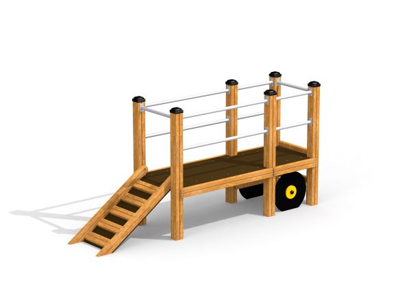 Car Trailer bằng gỗ với cầu thang và lan can kim loại cho khu vui chơi trẻ em.