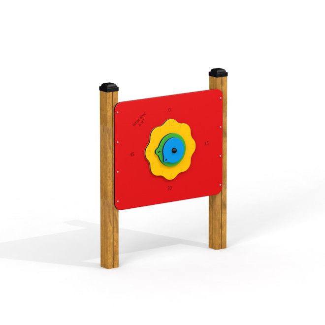 Bảng chơi Clock với mặt đồng hồ màu đỏ, vàng và xanh, khung gỗ cho khu vui chơi trẻ em.