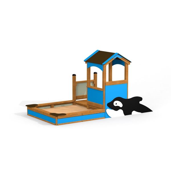 Villa with Orca single playhouse bằng gỗ màu xanh có mái che và hình chú cá voi Orca trang trí.