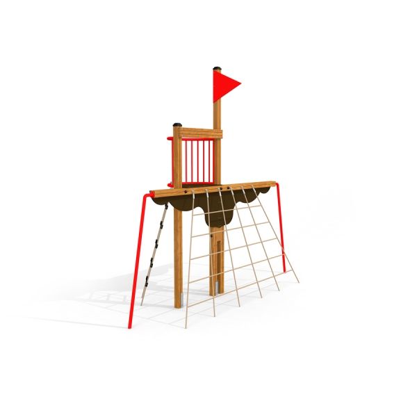 Mast climbing net bằng gỗ với lưới leo và cột cờ đỏ cho khu vui chơi trẻ em.