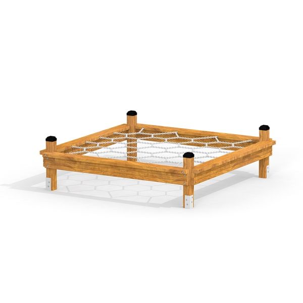 Khu vui chơi trẻ em Honeycomb với khung gỗ và lưới dây an toàn.